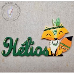 Plaque de porte petit renard indien avec ses plumes en camaïeu de verts