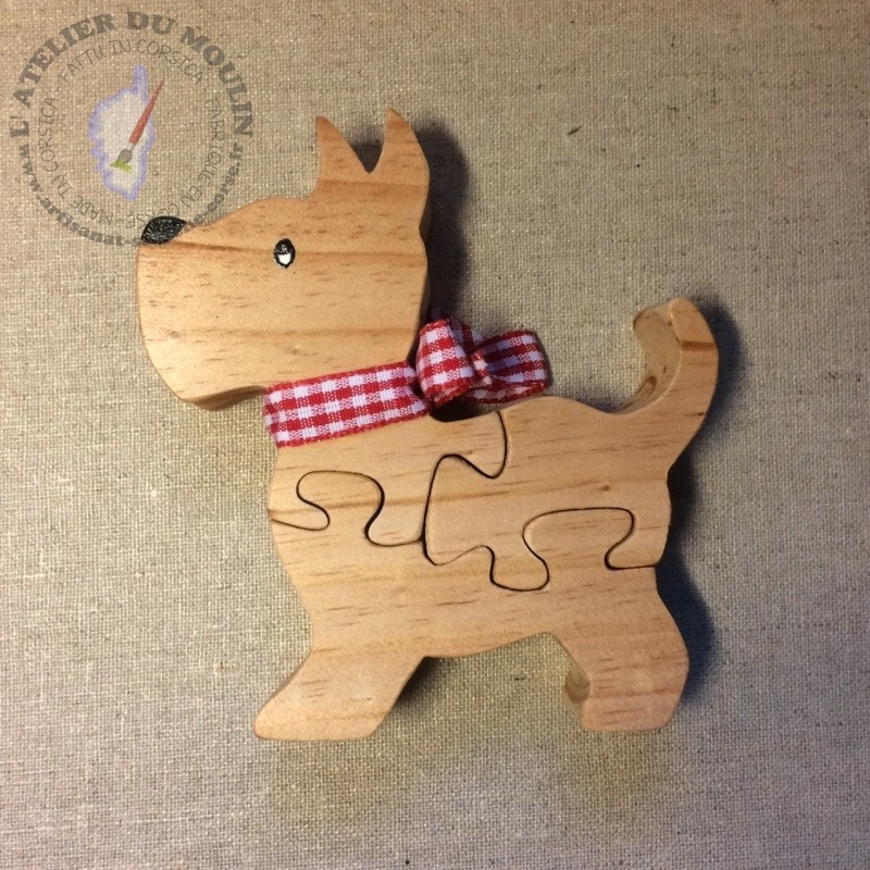 Puzzle petit chien Scottish 3 pièces avec ruban au choix